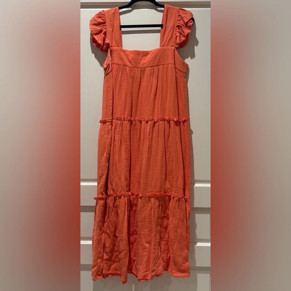 Entro Tiered Square Neck Midi Dress - Coral - Size L